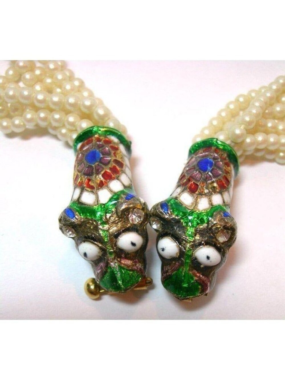 Vintage 70s 8-Strand Faux Pearl Necklace Dual Enamel Dragon Heads 16"
